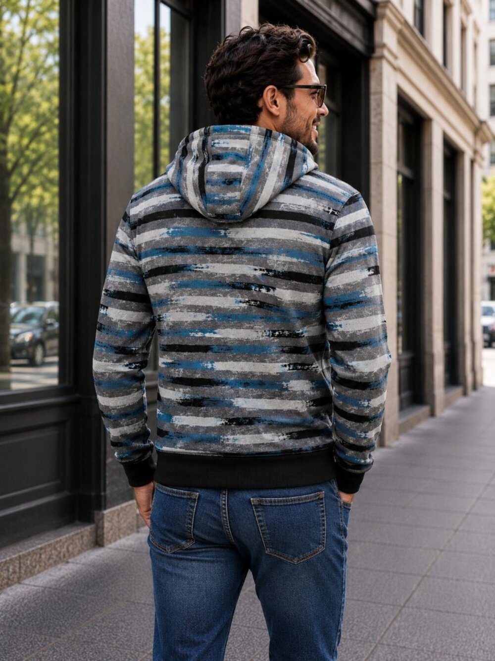 Men's Hoodie MEDIUM Full Zip Gray Teal Stripe with pockets No Boundaries - Picture 3 of 14
